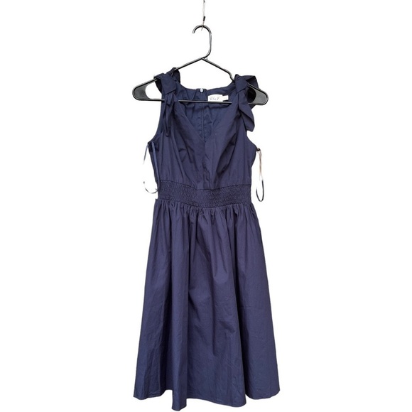 NWT Eliza J Smocked Cotton Dress In Navy with Bow Straps - Picture 6 of 10